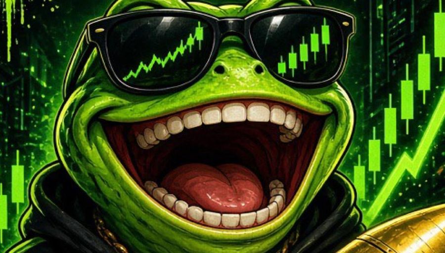 The degen frog laughing in black chart sunglasses, a gold chain and a black hoodie, green candles behind him